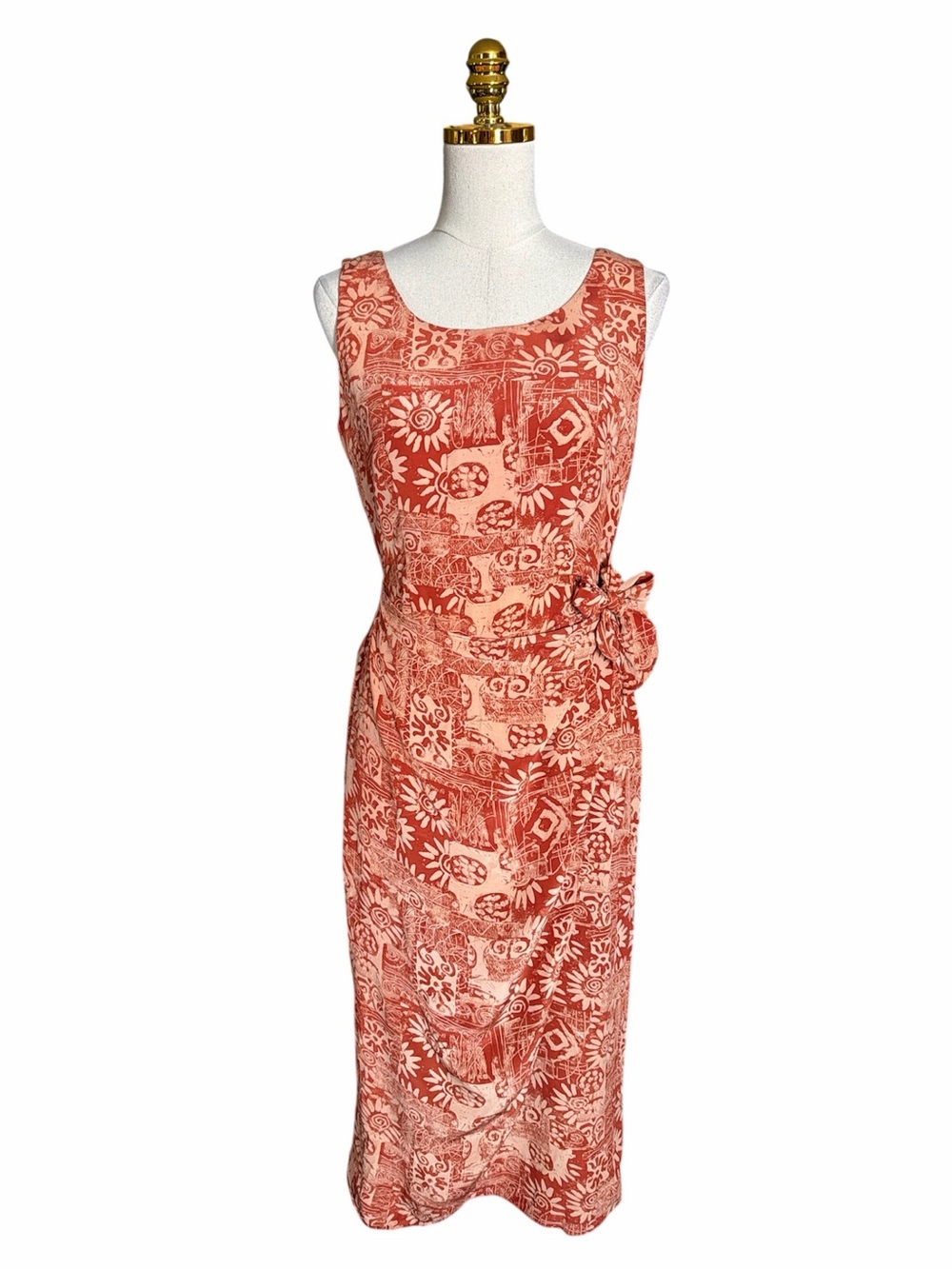Spenser Jeremy Women 100% Silk Midi Dress Tribal Batik Side Tie Faux Wrap Size 8